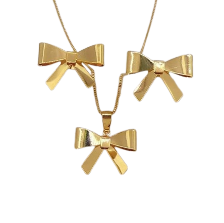 Conjunto Brinco e Colar Laço Dourado Banhado a Ouro