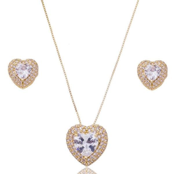 Conjunto Colar e Brinco Coração Cravejado Zircônia Banhado a Ouro 18K