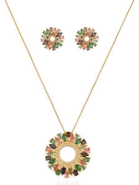 Conjunto Colar e Brinco Semi Joia Flor de Zirconia